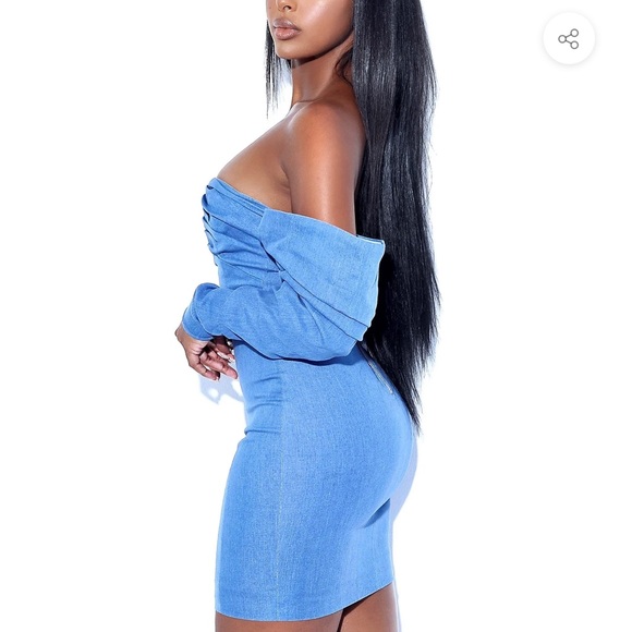 Miss Circle Denim Puff Sleeve Off Shoulder Dress - Picture 3 of 5